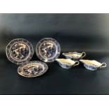 Six pieces of Chinese export blue and white porcelain including a set of three c.18th century