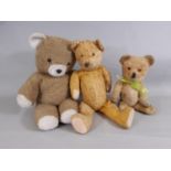 3 vintage teddy bears including a bear with short golden plush, stitched nose, mouth and claws,