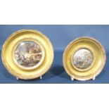 A pair of 19th century pot lids in moulded gilded frames, Dangerous skating and landscapes