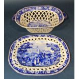 Blue & white pierced ceramic dish with matching platter decorated with pastoral scene together