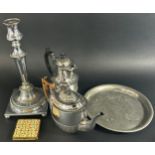 A silver plated tea and coffee pot, a single silver plate candlestick, a compactum, a hammer
