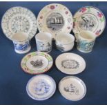 A collection of 19th century children's mugs, one example from the Whitehaven Pottery showing