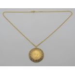 Sovereign dated 1966, mounted in a 9ct pendant with heart frame and hung on a 9ct fine link chain