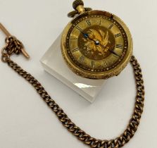 A continental 18ct gold cased pocket watch, the engraved dial with black Roman numerals, on a 9ct