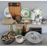 A miscellaneous collection of items including, a vintage stoneware hot water bottle, butter pats,