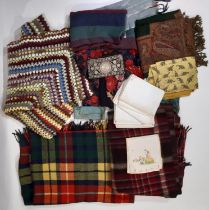 Vintage textiles including 2 tartan travel rugs, a hand crochet blanket, silk scarves, woollen