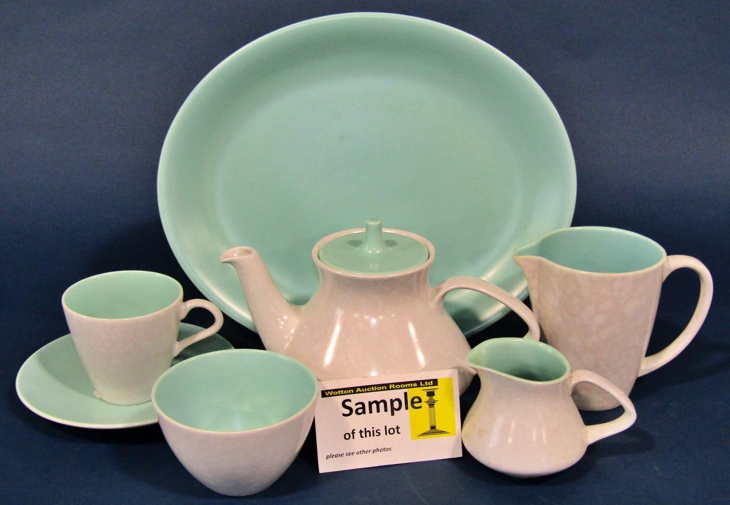 A large collection of Poole Pottery ware in green with mushroom coloured examples to include - Image 2 of 4