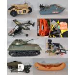 A large collection of vintage Action Man vehicles and toys including 105mm Light Gun with