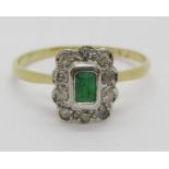 18ct emerald and diamond cluster ring with platinum setting, size M, 2g