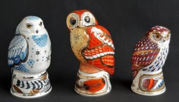 Three Royal Worcester Candle Snuffers comprising Tawny Owl, Little Owl and Snowy Owl, all in