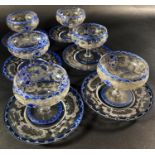 A set of six antique blue etched glass dessert bowls with saucers, with pavilion and deer decoration