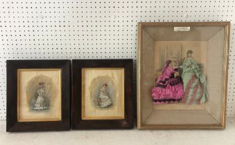 Three Victorian framed fashion illustrations to include: Pair of silk embroideries over cut-out