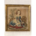 19th century tapestry of a girl in a blue dress sitting on a cushion holding roses, in a gilt