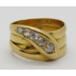 Late Victorian 18ct serpent ring set with graduated diamonds, largest stone 0.20ct approx, maker '