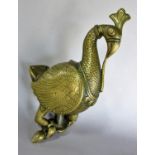 A 19th century Chinese bronze stylised peacock, resting on a perch, 18cm high.