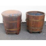 Two Lister oak coal tubs one with leather seat named Glenburn and Cambridge