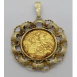 Half sovereign dated 1910, in decorative 9ct pendant mount, 6g