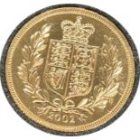 Queen Elizabeth II gold sovereign dated 2002, proof, contained in a circular container