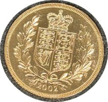 Queen Elizabeth II gold sovereign dated 2002, proof, contained in a circular container