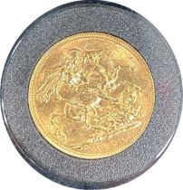 Victorian gold sovereign, dated 1893, circulated, contained in a bespoke box