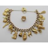 9ct charm bracelet with heart padlock clasp, hung with numerous novelty charms to include a koala,