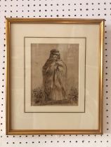 John Joseph Barker (fl.1795-1863) - Ink study of an old lady wearing a hat and cloak, brown ink on