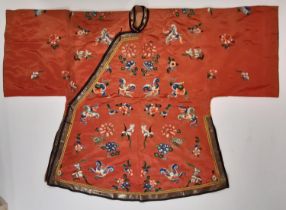 Early 20th century Chinese robe with floral and moth motifs worked in satin and 'Forbidden