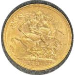 Victorian gold sovereign dated 1891, circulated, contained in a circular container