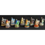 Nine Royal Worcester candle snuffers from the Art Deco range, all of decorative conical form