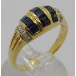 18ct calibre cut sapphire and diamond ring, size L/M, 3.4g