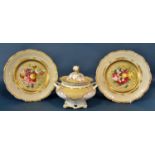 Two 19th century porcelain plates with hand painted floral and fruit reserves, two Imari dishes, one