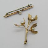 Vintage 9ct pearl brooch in the form of a sprig of mistletoe, together with a further antique 9ct