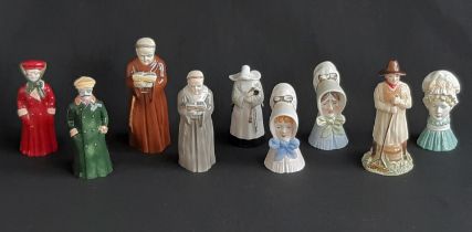 Nine Royal boxed Worcester Candle Snuffer character figures including Old Lady, Motorist- Male,