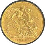 Victorian gold sovereign dated 1900, circulated, contained in a circular container