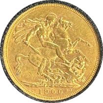 Victorian gold sovereign dated 1900, circulated, contained in a circular container