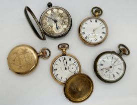 Five assorted Victorian and later fob watches to include an Omega and two other gold-plated examples