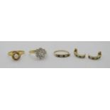 Group of gold jewellery; a pair of 9ct sapphire and diamond earrings, two 9ct dress rings and a
