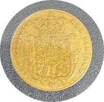 George IV gold sovereign, dated 1825, circulated, modified bare headed portrait, contained in a