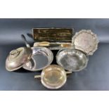 A mixed selection of silver plated items, including a scrolled edged drinks trays a fruit dish