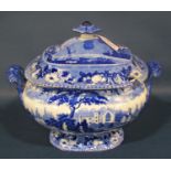 19th century blue and white transfer printed tureen and cover in the Cashiobury pattern, (near