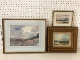 Three 20th century watercolours to include: F. J. Reynolds - 'Hey Tor' (Haytor), signed and titled