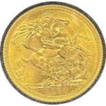 Queen Elizabeth II gold sovereign dated 1974, circulated, contained in a circular container