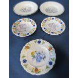 Eight 19th century children's plates with printed centres, many with hand painted floral borders