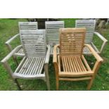 Five good quality Cotswold collection weathered teak garden open armchairs with slatted seats and