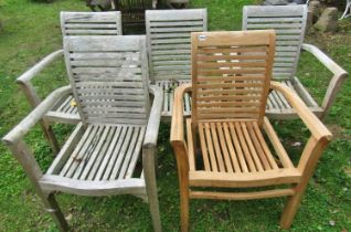 Five good quality Cotswold collection weathered teak garden open armchairs with slatted seats and