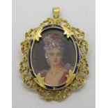 Decorative vintage 18ct enamelled pendant with portrait of a lady, with later brooch pin, 10.4g