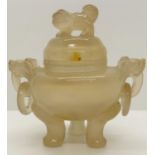 A small Chinese pale jade twin-handled tripod censor and cover, 6cm high