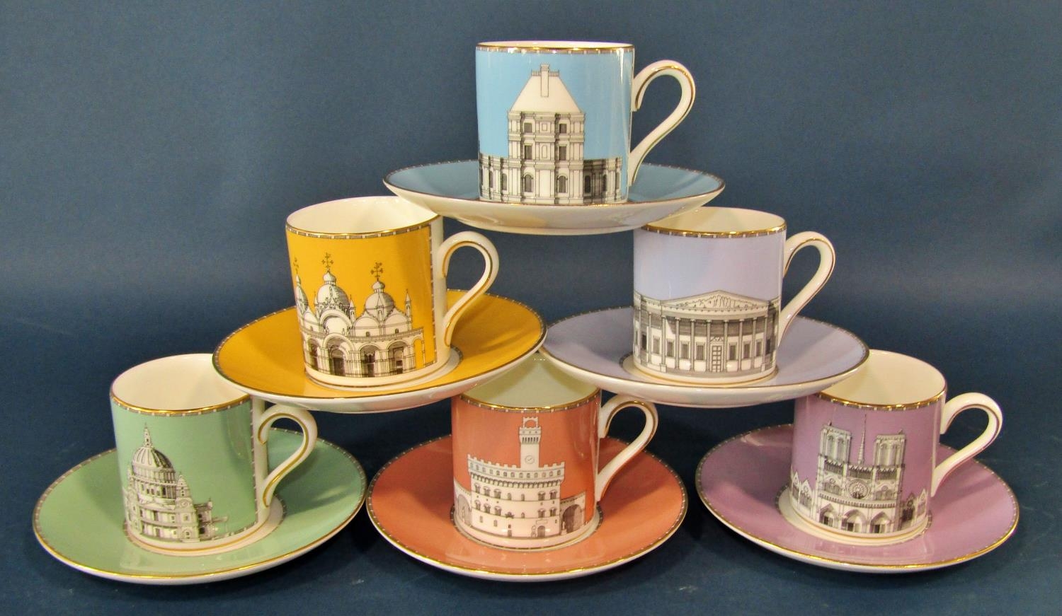 Six Wedgwood Grand Tour collection coffee cups and saucers, six Worcester Viceroy pattern coffee