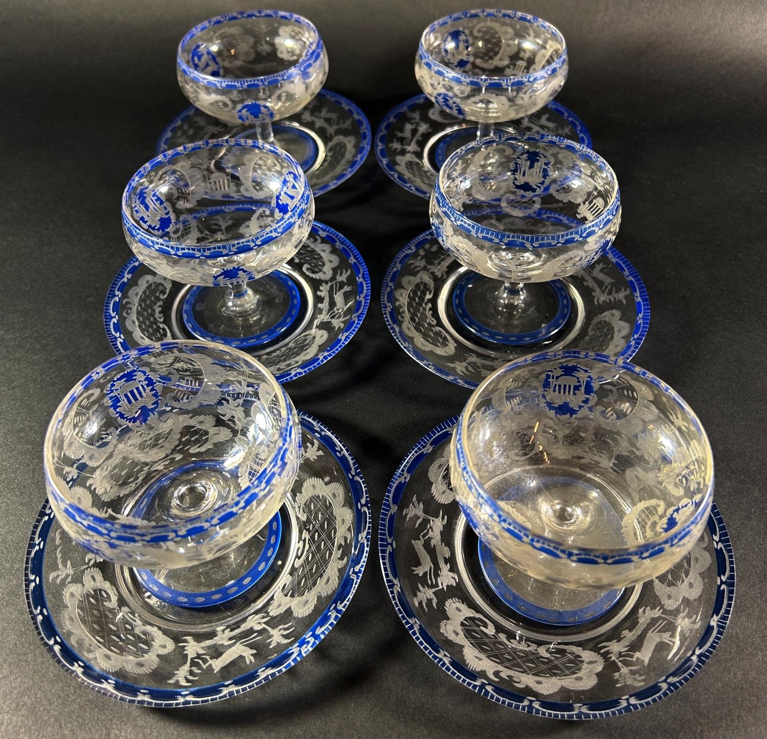 A set of six antique blue etched glass dessert bowls with saucers, with pavilion and deer decoration - Image 2 of 3