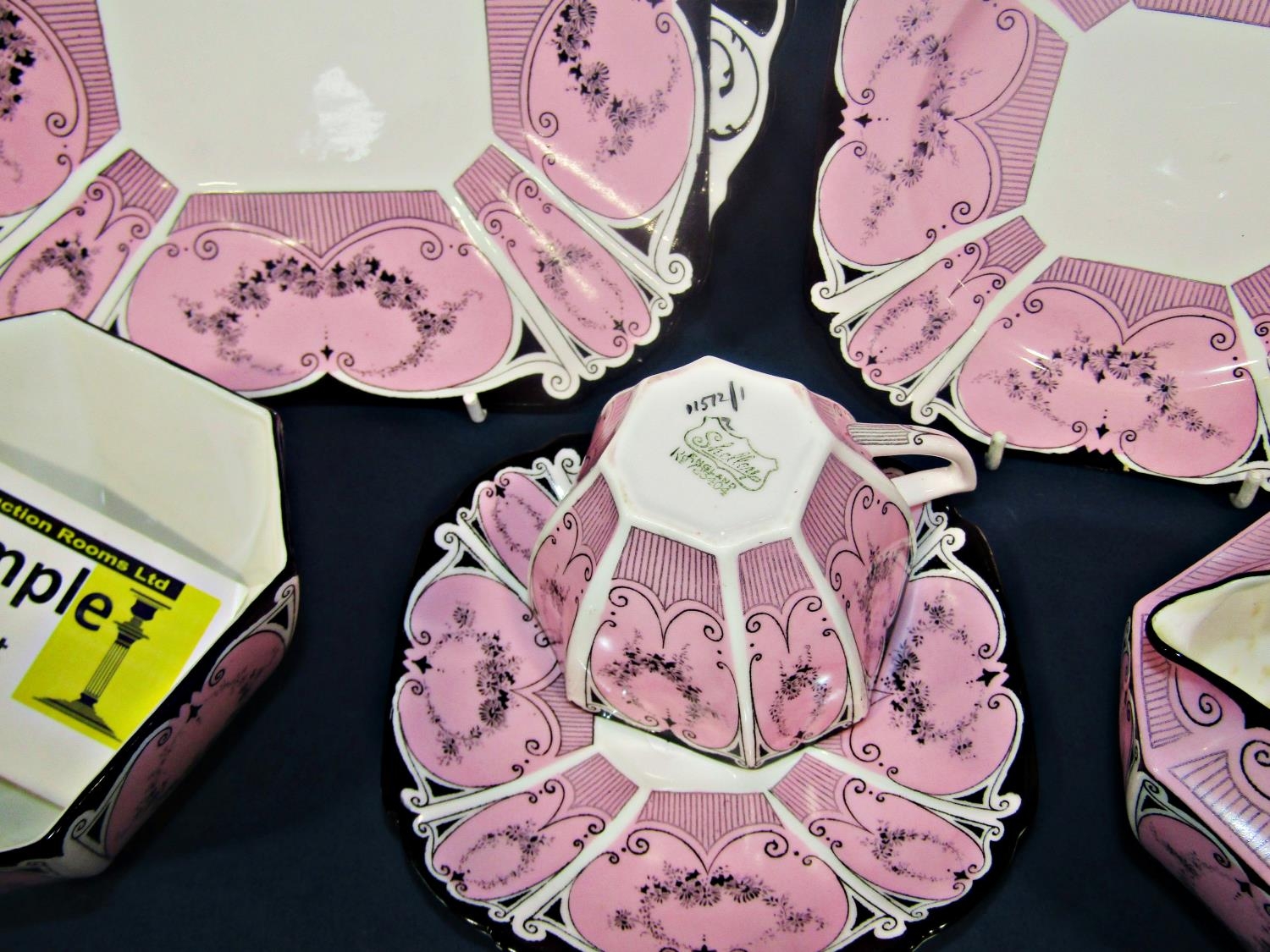 A Shelley Garland of Flowers Queen Ann shaped tea service for 12 in a pink, black and white - Image 2 of 2